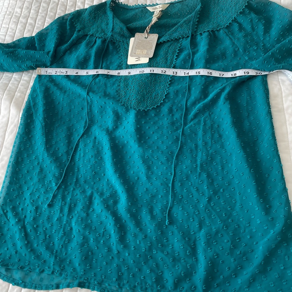 Matilda Jane NWT Women's Medium Shirt Top Teal Blue/Green Sheer Swiss Dot Size M - Picture 9 of 10